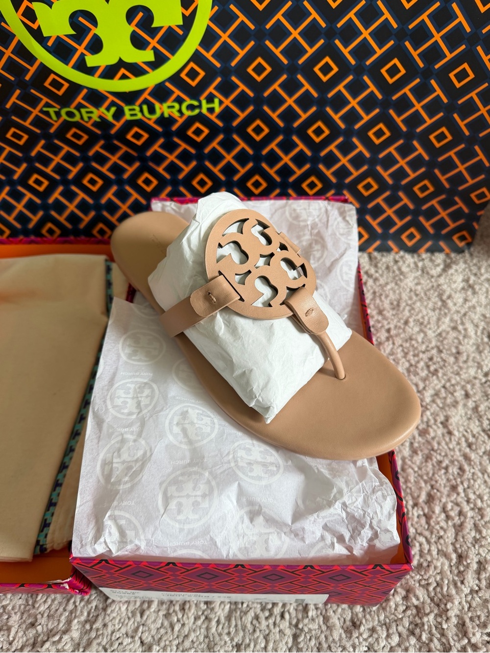 Tory Burch Miller Soft Leather Sandals Light Sand Size 8.5 Cream Pink